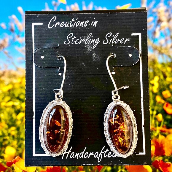 Amber Sterling Silver Dangle Drop Earrings Leverback Handcrafted New - Picture 7 of 7